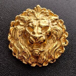 Vintage Lion Head Brooch Pin Gold Tone Metal